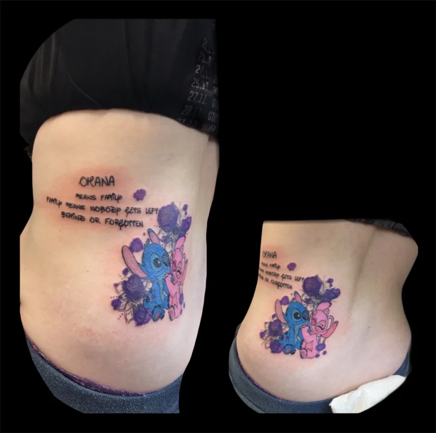 Stitch-und-Angel-Tattoo mit Ohana-Schriftzug im Watercolor-Stil, SkinLove Marchtrenk